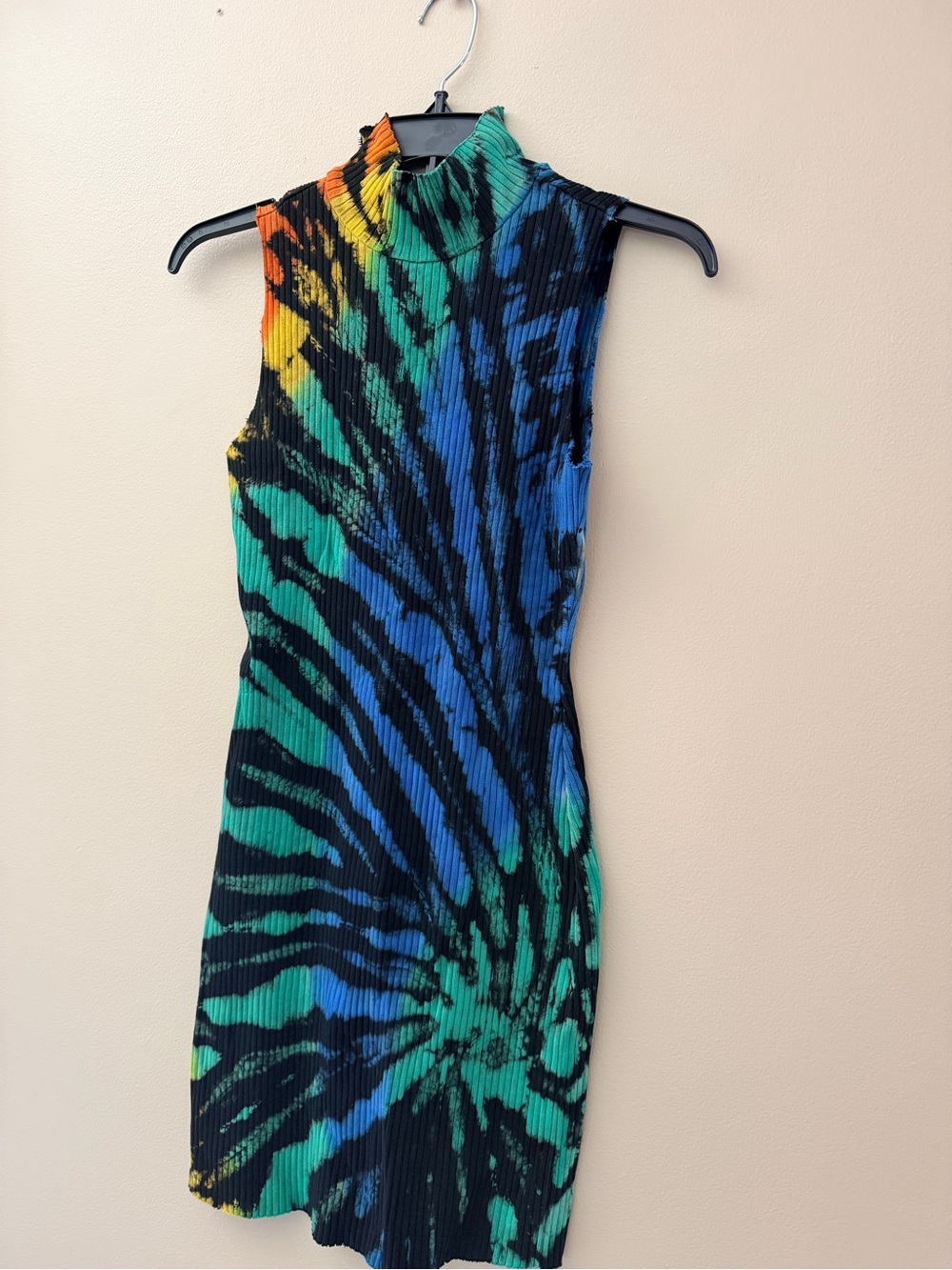 Cotton Citizen Black Tie-Dye Mini Dress with Blue, Green & Yellow Accents